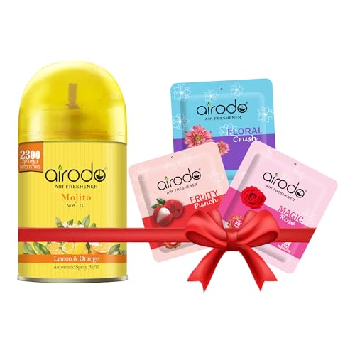 Image of Airodo Automatic Air Freshener Automizer Refill (Lemon & Orange 235ml) + Pocket Gel Mix - 30g (Assorted Magic Rose, Fruity Punch, Floral)| For Home & Office | Long Lasting Fragrance