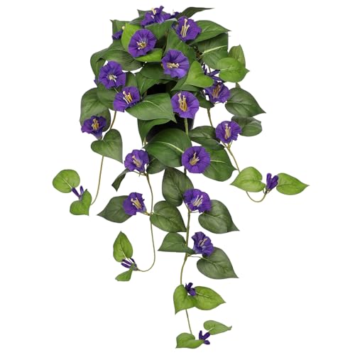 Briful Artificial Hanging Flowers in Pot 25.6" Faux Silk Morning Glory Flower Vine with Cascading Greenery Fake Hanging Plants for Home Office Bathroom Table Shelf Decor(Purple)