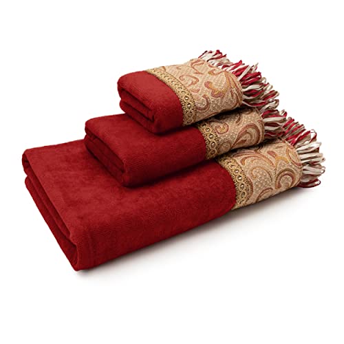 Sherry Kline Swirl Paisley Towel Set -1 Bath Towel 1 Hand Towel & 1 Wash Cloth, Spot Clean, Quick Dry & Elegant, Soft & Absorbent Bathroom Towels (Cotton, Red, 3 Piece) #TOP1