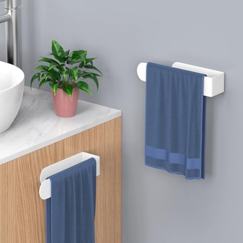 Image of HUFEEOH 2 Pack Adhesive Hand Towel Holder, Kitchen Towel Rack Towel Bars Wall Mounted, Stainless Steel Bath Towel Hanger for Bathroom Hotel Kitchen (White, 8 Inch(2PC))