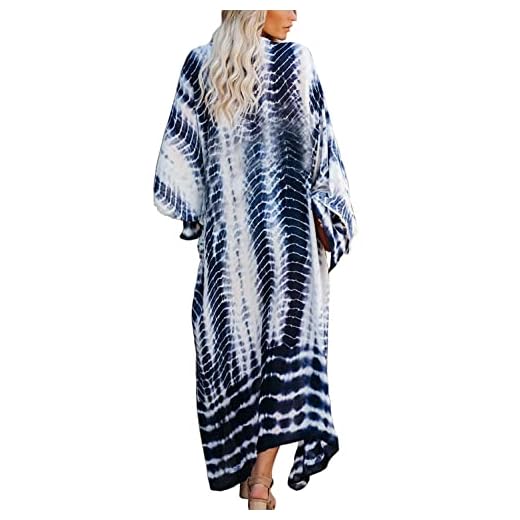YouKD Sommar lång kaftan klänning bohemisk rymlig strandrock täcka plus size klänning för kvinnor, Blå vit 1, en storlek