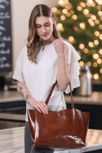 Image of LEEZEL Women's Structured Tote Bag - Large Capacity Work & Travel Purse Croco Pattern Vegan Leather Stylish Tote Bag Classic Everyday Shoulder Bag