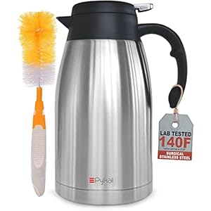 Pykal Thermal Coffee Carafe Stainless Steel – Heavy Duty Lab Tested Heat Retention – 2L (68 oz) Insulated Coffee Thermos Water & Beverage Dispenser – Premium Grade Thermal Pot Silver