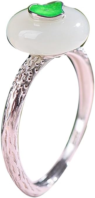 S925 Silver-Inlaid Natural White Jade Ping An Buckle Enamel Ring with Adjustable Opening and Including Certificate 1