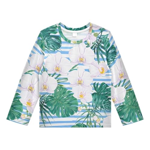 Orchid Monstera Fronds Stripe Rash Guard Shirt for Boys Sun Protection Shirt for Toddler Kid UPF50+ 7-8T