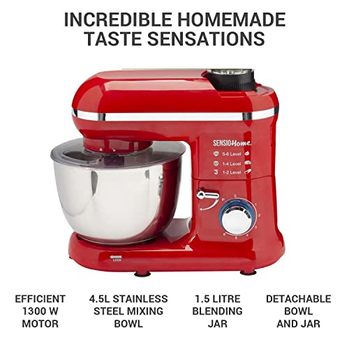 Sensio-Home-2-in-1-Food-Processor-Blender-Stand-Mixer-Machine-1300W-Electric-Motor-Dough-Hook-Whisk-Beater-Splash-Guard-6-Speed-45-Litre-Stainless-Steel-Mixing-Bowl-15L-Glass-Jug-Red