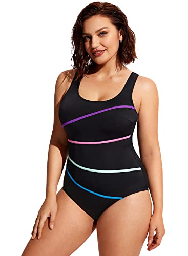 DELIMIRA Women's Striped One Piece Swimsuit Plus Size Swimwear Modest Bathing Suits3