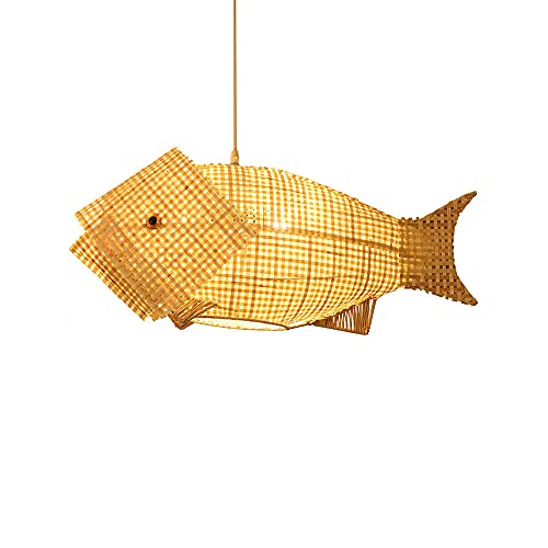 SFRIDQ Lustre Poisson Créatif Style Japonais Tatami Plafonnier Vintage Lampe Pendante en Bambou Tissé À La Main Applicable Café Salon Chambre Salle D'étude Salle À Manger E27 40×18cm