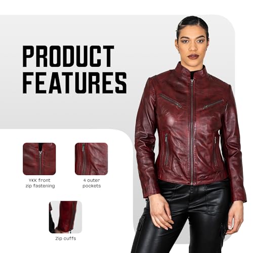 BRICK LANE Mandarin Collar Fitted Leather Jacket for Women | Genuine Lamb Nappa Leather Jacket with Zip Pockets2