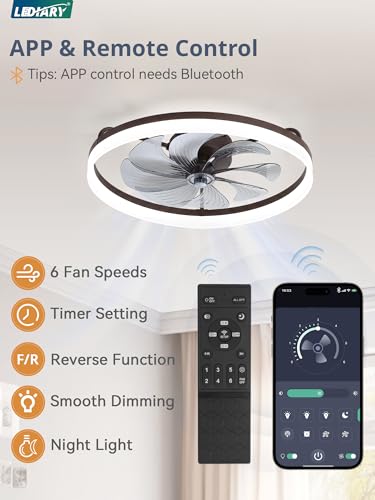 Image of LEDIARY Ceiling Fans with Lights, 23 inch Low Profile Flush Mount Ceiling Fan, Dimmable LED, APP & Remote Control, Quiet Reversible DC Motor, 6 Speeds, Fandelier for Bedroom, Brown