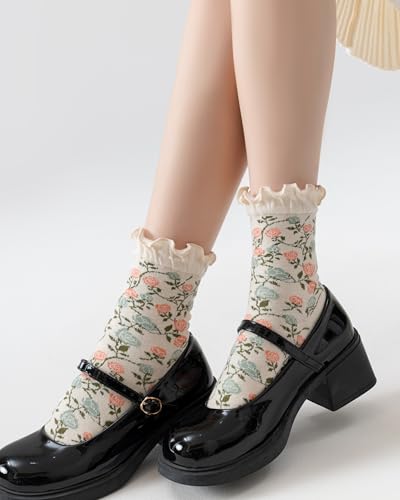 Image of Womens Ruffle Crew Socks Vintage Patterned Ankle Casual Fashion Dress Sock Cute Lettuce Floral Socks 5 /6 Pack