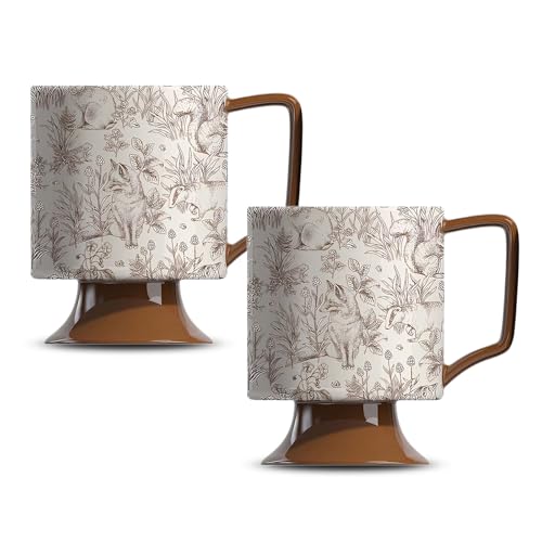 EAZHOP 2er-Set Kaffeebecher Premium Porzellan Kaffeetasse, 400ml Trinkbecher mit Henkel Geschenk Keramiktasse Vintage-Blumen-Keramikbecher mit hohem Fuß, Restaurant-Dekoration, Spülmaschine (Braun)