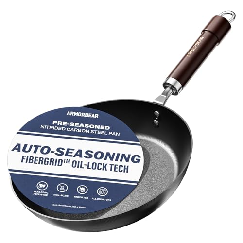 Armorbear 10 Inch Auto-Seasoning Nitrided Carbon Steel Pan Professional Skillet for Induction Stovetop and Daily Searing Pre-seasoned Frying Pan Wooden Handle PFAS & PFOA-Free