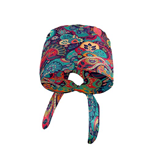 Mukjhoi Adjustable Working Caps Colorful Paisley Ethnic Floral Print Tie Back Cover Hair Bouffant Hats With Buttons Sweatband For Women Men Girl #TOP1