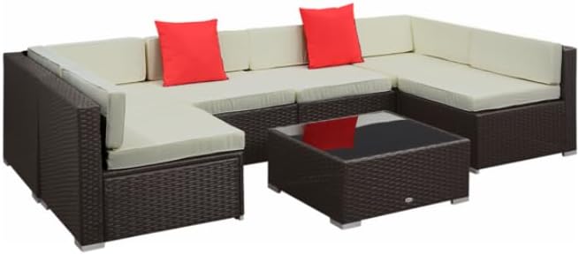 6-Piece Patio Sectional Furniture Set with Coffee Table, Brown Rattan with Cream White Cushions, Outdoor Conversation Set, 110x55 Inches