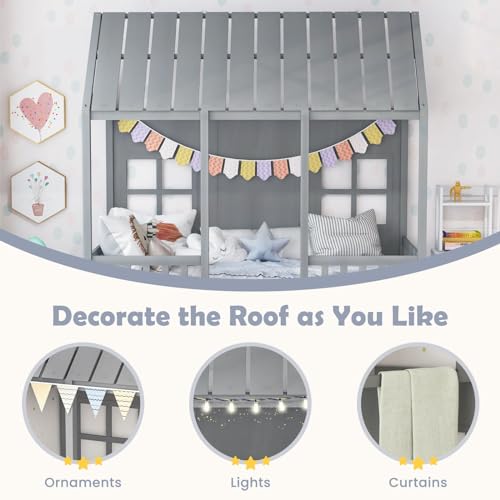Giantex-Twin-House-Bed-with-Trundle-Kids-Bed-Frame-with-82-Tall-Roof-Windows-and-Guardrail-Wooden-Playhouse-Bed-for-Teens-Boys-Girls-Bedroom-No-Box-Spring-Needed-Free-to-Decorate-Grey Giantex Twin House Bed with Trundle Kids Bed Frame with 82 Tall Roof Windows and Guardrail Wooden Playhouse Bed for Teens Boys Girls Bedroom No Box Spring Needed Free to Decorate Grey