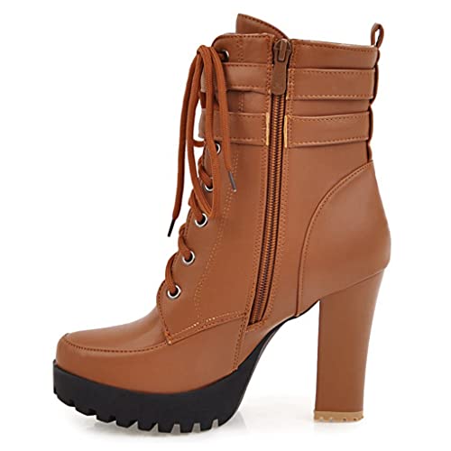 MIOKE Women's Round Toe Platform Dressy Ankle Boots Lace Up Zipper Chunky Block High Heel Dress Short Bootie4