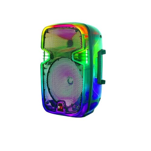 QFX 8" Translucent Portable Party Bluetooth Speaker with Rechargeable Battery, Built-in Handle, FM Radio, and Wired Microphone - TMS-802