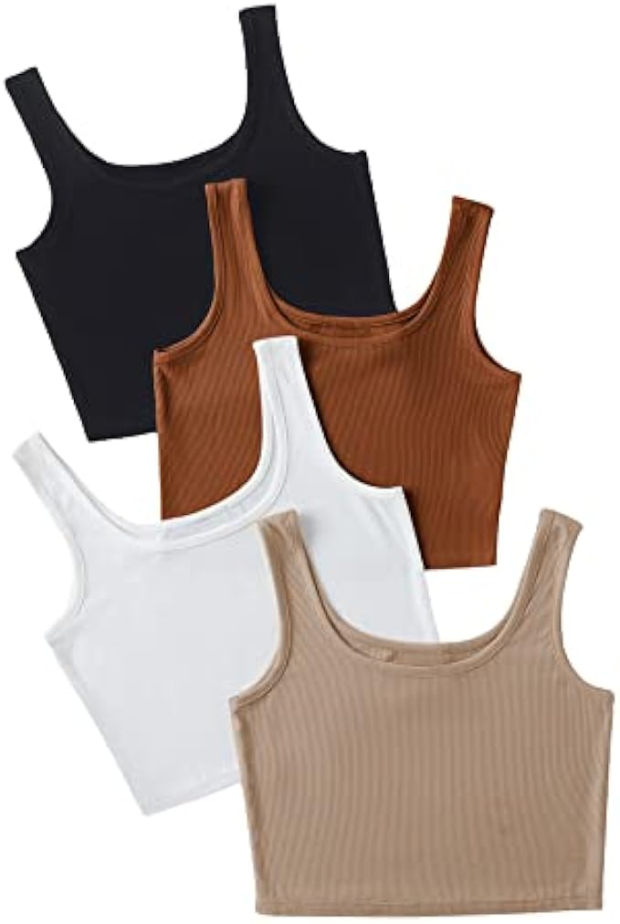 SheIn Women's 4 Pieces Scoop Neck Crop Tops Sleeveless Ribbed Knit Casual Cami Tank Top