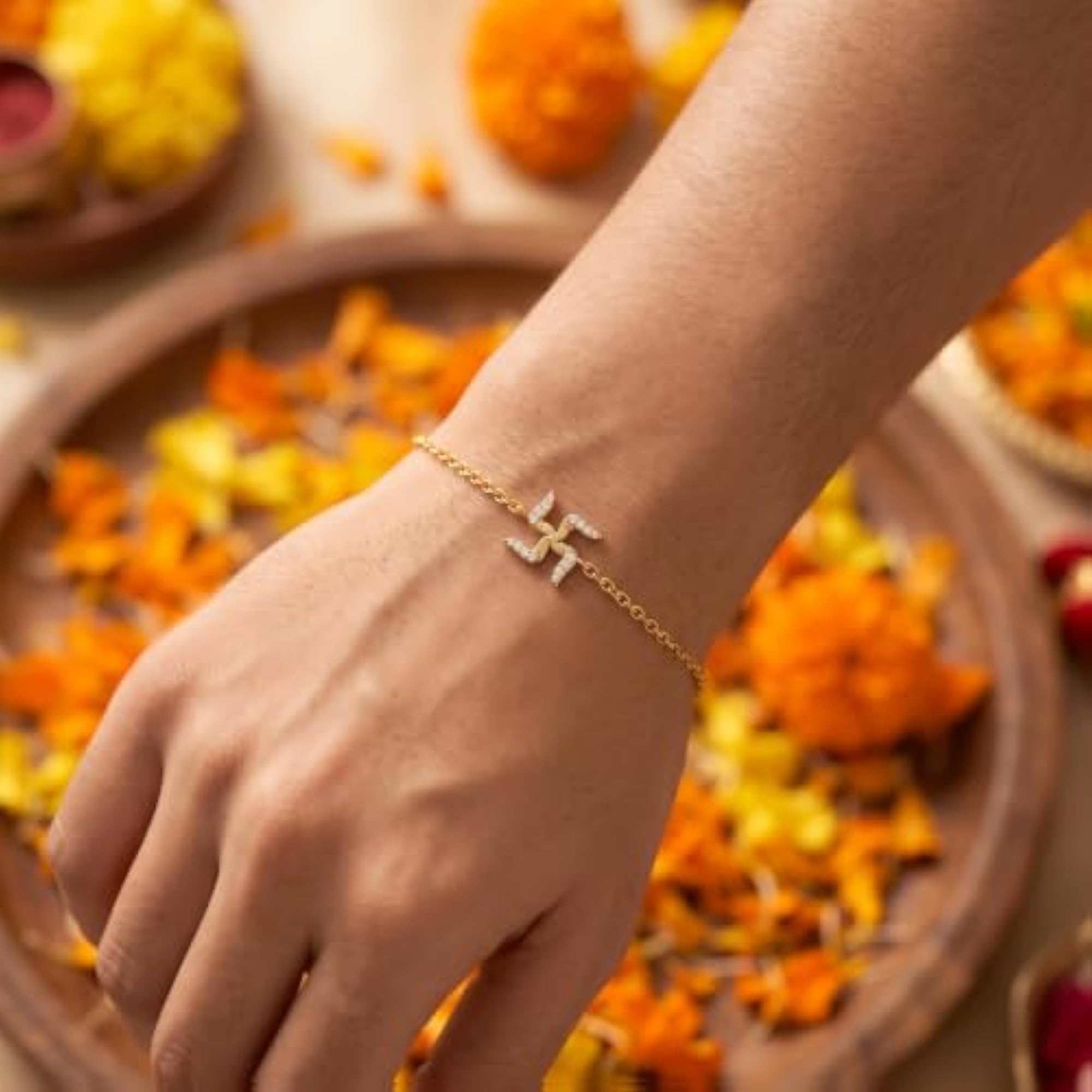 Gold Plated Swastik Rakhi Bracelet for Men & Boys, Adjustable