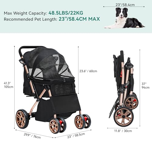 YITAHOME Hundebuggy Hundewagen klappbar für Hunde & Katzen, Haustierbuggy bis 22 kg mit umkehrbarem Griff, Netzfenstern, Getränkehalter, 360° drehbare EVA-Räder mit Bremsen (Schwarz)