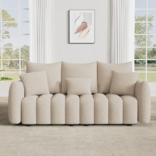 Image of OUYESSIR 81 inch Modern Sofa Couch, Comfy Upholstered Teddy Deep Seat Boucle Sofa, Modern 3-Seater Cloud Couch, Oversized Loveseat for Living Room Office Apartment, Light Brown