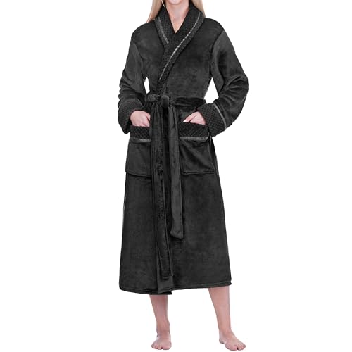 Image of PAVILIA Women's Plush Fleece Robe, Soft Cozy Long Bathrobe with Satin Waffle Trim, Warm Lightweight, Pockets & Tie Belt
