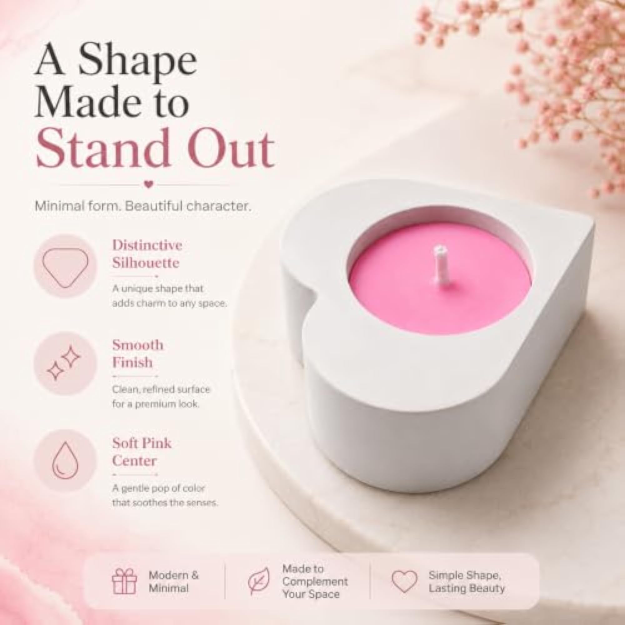 Minimal Geometric Candle with Pink Wax, Decorative Gift