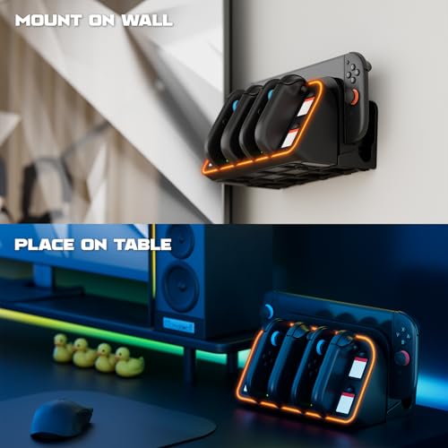 Hosanwell Switch 2 - Soporte de pared con luz RGB para Switch 2, carga de 4 Joy-Cons, 4 ranuras de juego, color negro - imagen 8