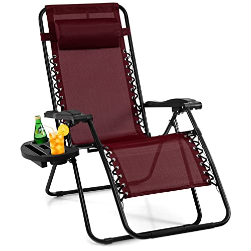 Image of Giantex Zero Gravity Reclining Chair, Outdoor Patio Recliner with Cup Holder & Removable Pillow, Adjustable Backrest, Indoor Lounge Chair for Backyard, Garden, Poolside (Burgundy)