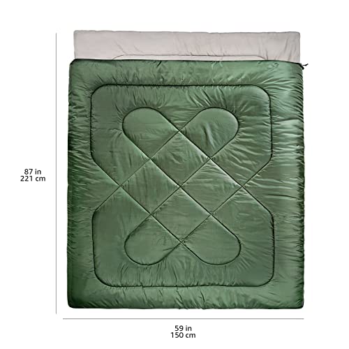 Image of Amazon Basics Double Sleeping Bag for Adults, 40F Cold Weather Two-Person Camping Bag, Queen Size 87 inch x 59 inch, Olive Green
