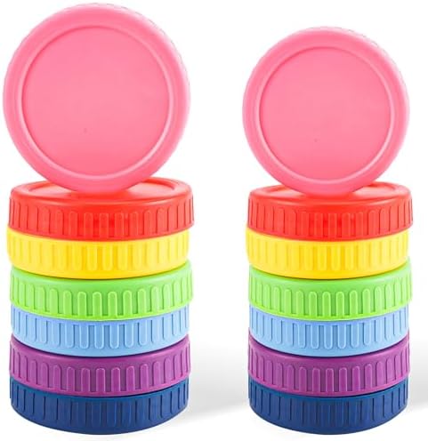12 Pcs Colored Plastic Mason Jar Lids With Silicone Rings - 70mm Regular Mouth, BPA-Free