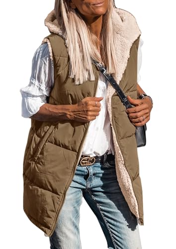 PRETTYGARDEN Womens 2026 Fall Reversible Long Vests Sleeveless Fleece Jacket Zip Up Hoodie Pockets Warm Coat Winter Clothing (Light Army Green,XX-Large)
