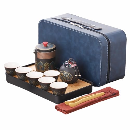 Webao Teeservice aus Porzellan, Chinesischer Reise Tee Set mit 6 Keramik Tassen, Klein Teekanne mit Eingebautes Sieb für Losen Tee, Elegante Schwarz