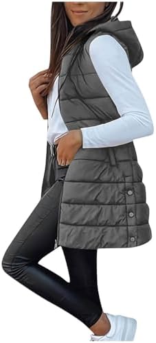 Long Puffer Vest Women Oversized Quilted Hooded Jacket Lightweight Down Vests Sleeveless Winter Coat with Pockets