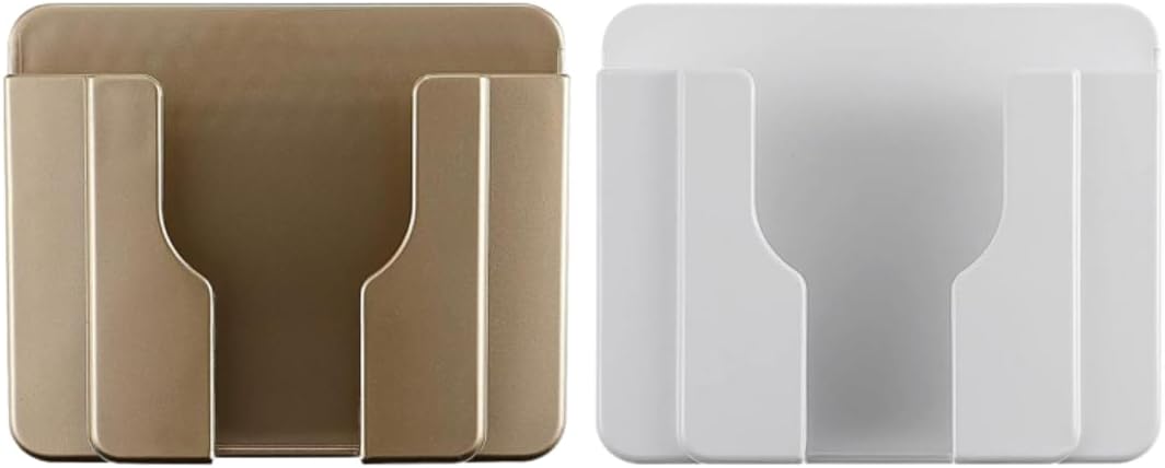 Mobile Wall Holder,Remote Holder Wall Mount,Ceiling Fan Remote Control Wall Holder, Pen Holder, Cell Phone Holder with Adhesive, Bedside Shelf, (White/Golden) Set of 2