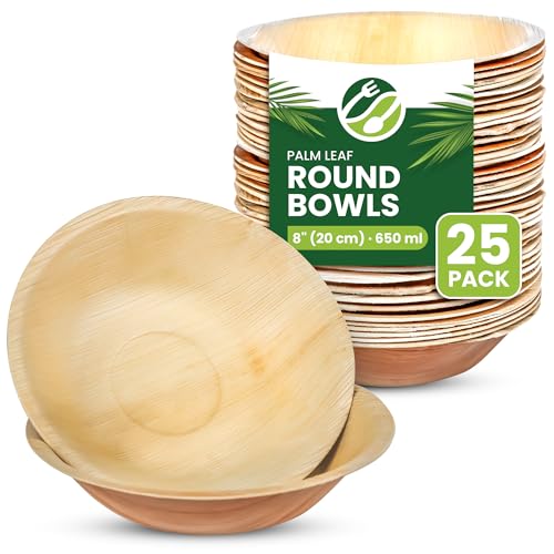 ECO Leaf 25 Disposable Palm Leaf Bowls 8 (20cm) 650ml (22oz) Round Compostable Biodegradable Eco-Friendly Bamboo Bowls for Salad Weddings Parties and Picnics Microwave Safe