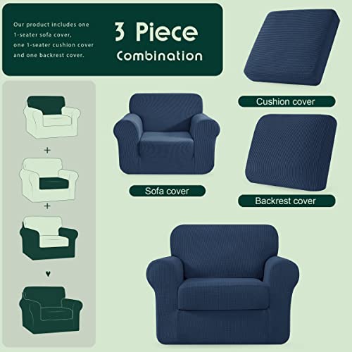Chun Yi 3 Piece Stretch Armchair Sofa Cover, 1 Seater Couch Slipcover With One Separate Backrest And Cushion With Elastic Band, Checks Spandex Jacquard Fabric(Small,Dark Blue) #TOP2