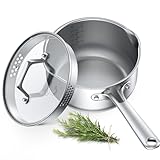 PekGema Stainless Steel Saucepan 3 Quart with Glass Strainer Lid, Thicken Tri-ply Full Sauce Pot, Two Side Spouts for Easy Pour, Dishwasher Safe, Induction Ready, Compatible with All Cooktops