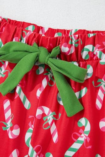 Image of KevaMolly Women Novelty Knotted Candy Cane Christmas Pajama Set | Christmas Floral Bow Print PJ Set, Button Lapel Knotted Drawstring Shorts with Convenient Side Pockets