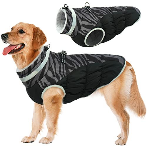 Lelepet Dog Coat Warm Dog Winter Coat Waterproof Dogs Jacket with Harness Built in Reflective Pet Fleece Vest Zip-Up Cold Weather Coats for Large Dogs Turtleneck & Windproof Coats Boxer Army
