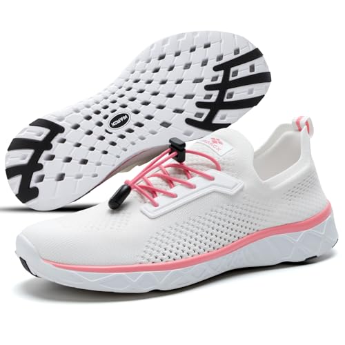 AQUA STEPS Water Shoes for Women, Barefoot Beach Shoes, Qucik-Dry Swim Shoes for Pool, Surf, River White Peach US 7