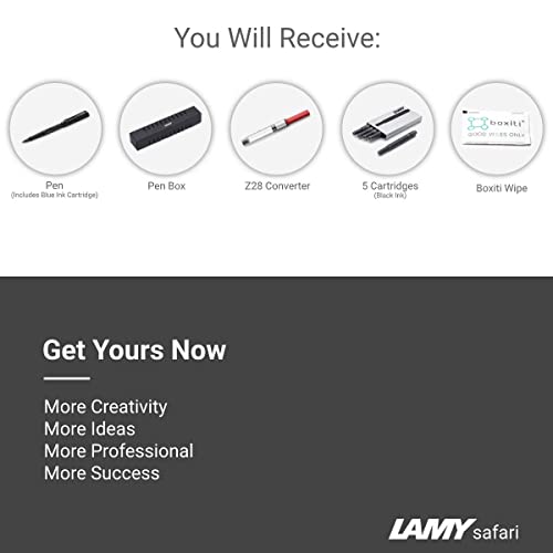 Boxiti Set - Lamy Safari Fountain Pen Charcoal, Fine Nib | 5 Black Ink Cartridges, Z28 Converter And Wipe #TOP6