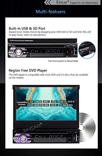 EINCAR Single 1 Din Car Stereo Bluetooth 7 inch Capacitive Touchscreen 1din Car Radio Autoradio GPS Navigation DVD CD Player FM AM Receiver Detachable Front Panel Wireless Remote Mirrorlink Backup Cam