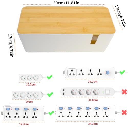 JJQHYC Kabelbox Weiß - 30x12x12cm Kabelmanagement Box mit Bambusdeckel | Kabelorganizer zum Verstecken von Kabeln & Steckdosen