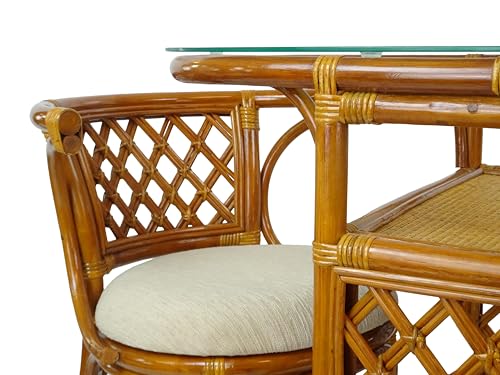 Borneo Compact Dining Set Colonial Color, Table with Glass Top + 2 Chairs with Cream Cushions, Handmade Natural Wicker Rattan Furniture