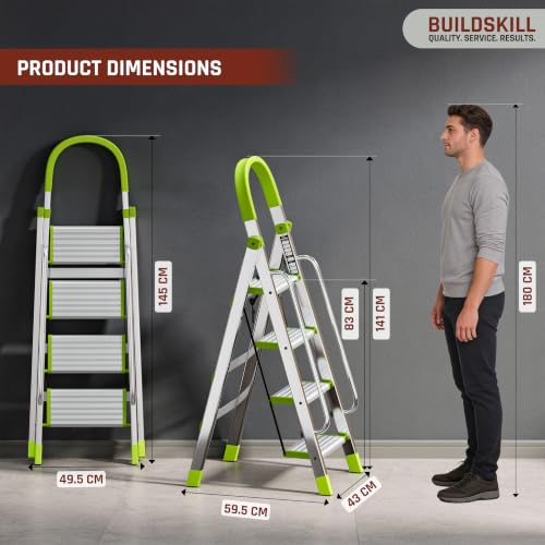 Image of BUILDSKILL Aluminium Ladder for Home 4 Steps | 33x16cm Wide Anti-Slip Aluminium Steps | Stainless Steel Body | Handrails | Load 150 Kg | Foldable Lightweight 4.75KG Ladder for Kitchen, Office & Home