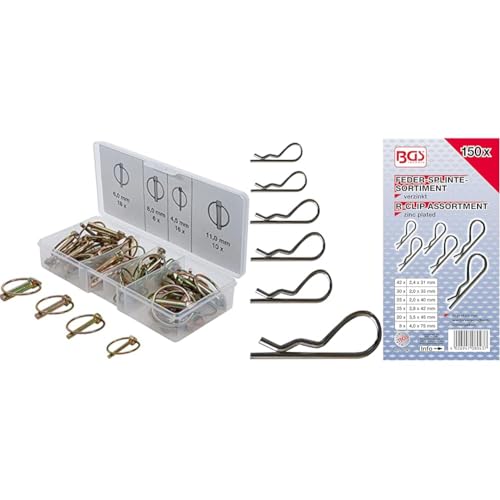BGS 8087 | Klappsplinte-Sortiment | 50-tlg. | Klappstecker | verzinkt | 4,5 - 6 - 8 - 11 mm & BGS 8043 | Federsplinte-Sortiment | Ø 2,4 - 4,0 mm | 150-tlg.