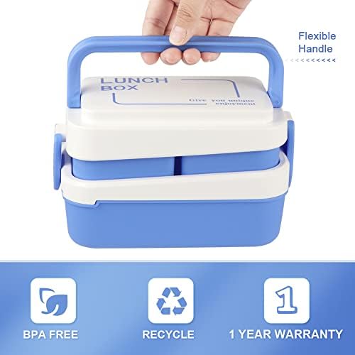 Kisstta Bento Box Lunch Box 3 Compartment, Bento Box for Meal Prep Lunch Containers, Stackable 2 Layer Bento Lunch Box with Handle, Leak Proof, Microwave Safe - Blue