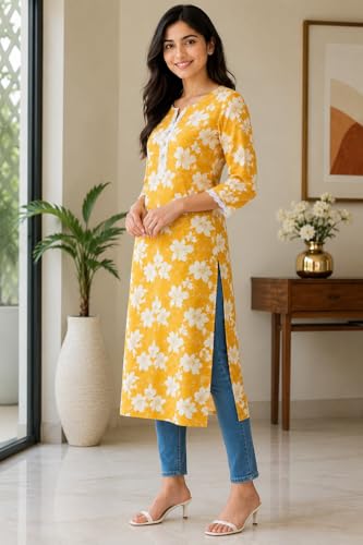 Image of ZAYRON Women's Rayon Printed Straight Kurti for Women | Round Neck with V-Cut | 3 /4 Sleeve | Casual Ethnic Wear Kurta